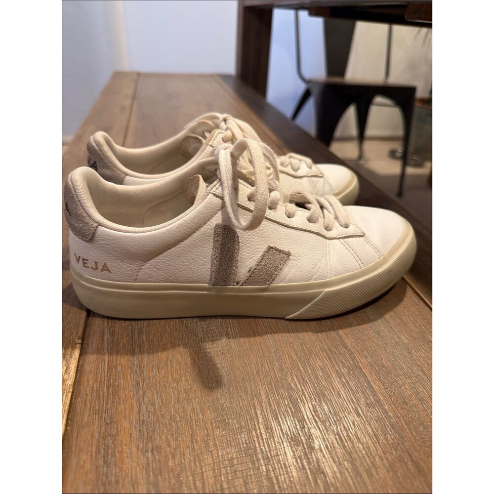 Veja White Leather Sneakers with Taupe Suede V Size 7
